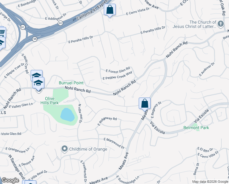 map of restaurants, bars, coffee shops, grocery stores, and more near 2850 North Kingsgate Drive in Orange