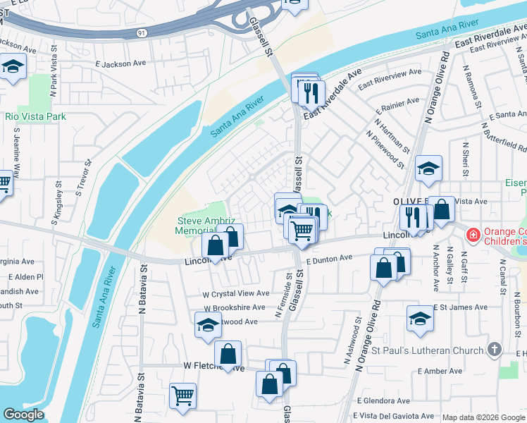 map of restaurants, bars, coffee shops, grocery stores, and more near 447 West Linden Drive in Orange