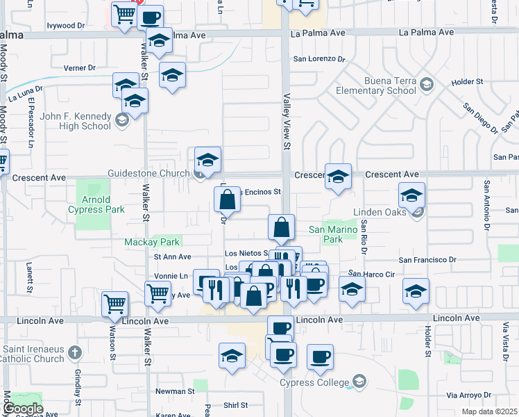 map of restaurants, bars, coffee shops, grocery stores, and more near 5890 Los Santos Way in Buena Park
