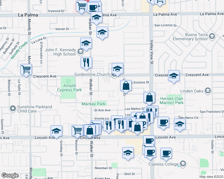 map of restaurants, bars, coffee shops, grocery stores, and more near 8641 Cypress Avenue in Cypress