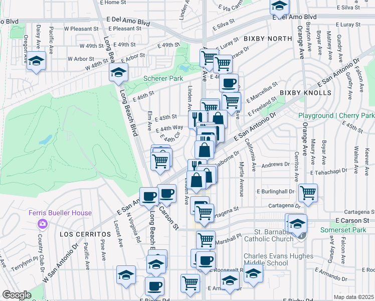 map of restaurants, bars, coffee shops, grocery stores, and more near 4416 Linden Avenue in Long Beach