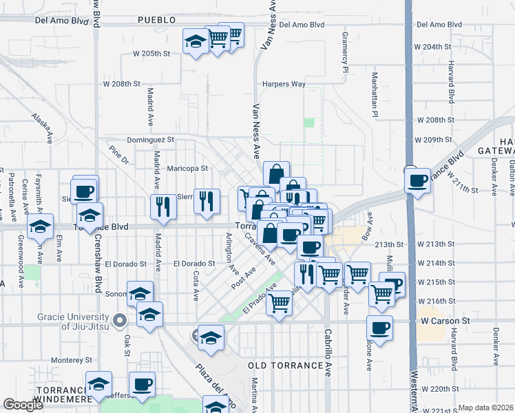map of restaurants, bars, coffee shops, grocery stores, and more near 923 Sartori Avenue in Torrance