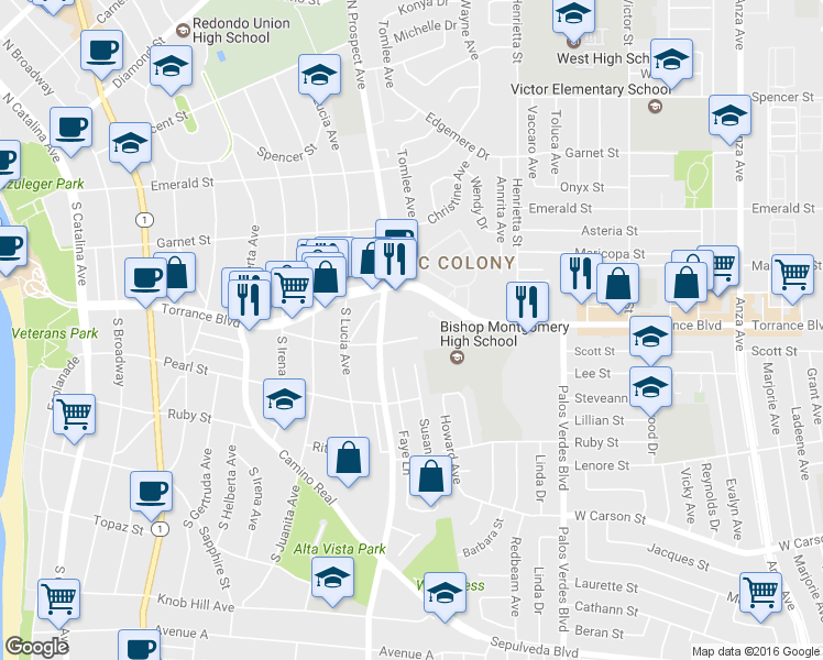 map of restaurants, bars, coffee shops, grocery stores, and more near 1108 Opal Street in Redondo Beach