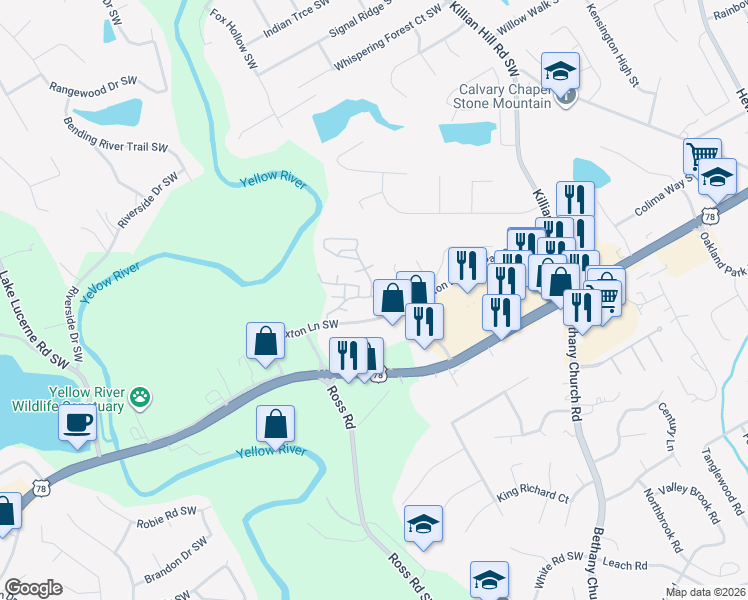map of restaurants, bars, coffee shops, grocery stores, and more near 4305 Paxton Lane SouthWest in Lilburn