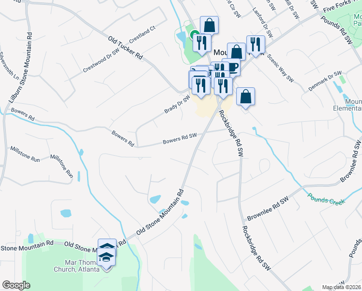 map of restaurants, bars, coffee shops, grocery stores, and more near 5564 Bowers Road Southwest in Stone Mountain