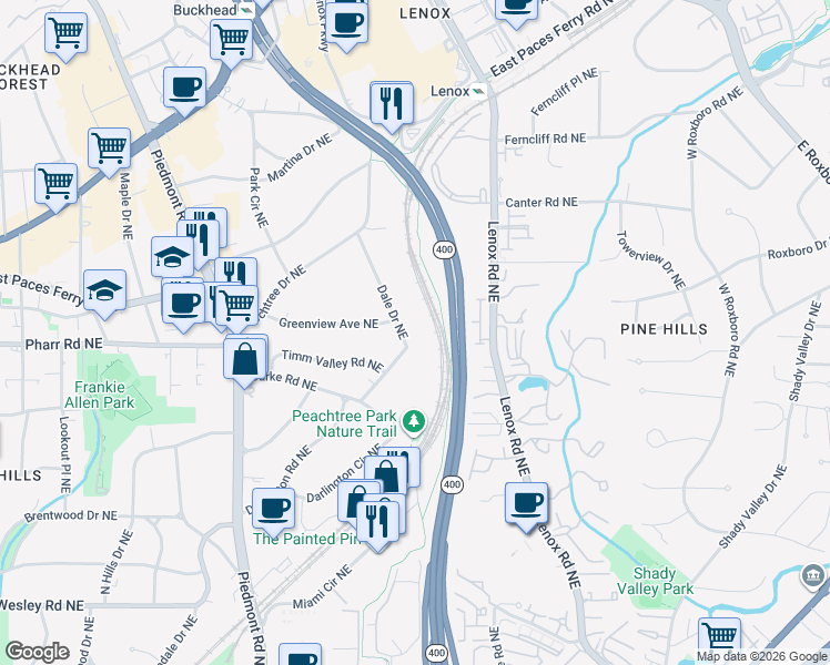 map of restaurants, bars, coffee shops, grocery stores, and more near 3021 Dale Drive Northeast in Atlanta