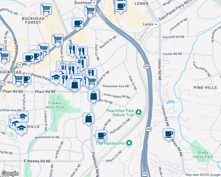 map of restaurants, bars, coffee shops, grocery stores, and more near 626 Timm Valley Road Northeast in Atlanta