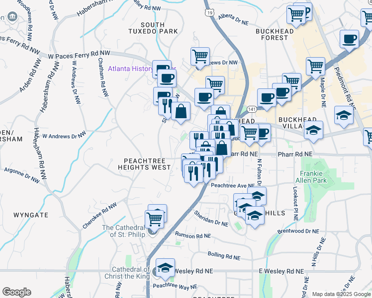 map of restaurants, bars, coffee shops, grocery stores, and more near 55 Pharr Road Northwest in Atlanta