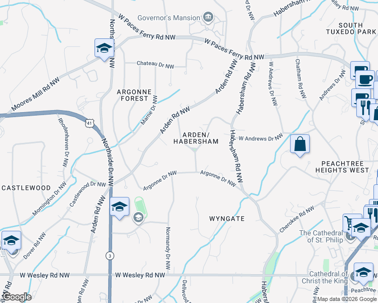 map of restaurants, bars, coffee shops, grocery stores, and more near 3000 East Pine Valley Road Northwest in Atlanta