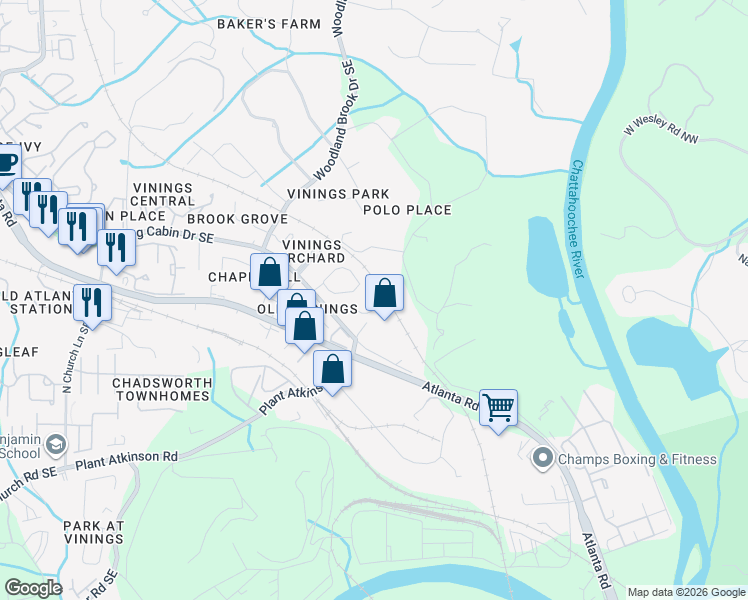 map of restaurants, bars, coffee shops, grocery stores, and more near 4755 Hedera Court Southeast in Atlanta