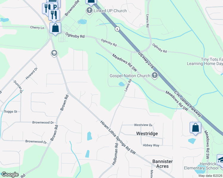map of restaurants, bars, coffee shops, grocery stores, and more near 4790 Lewis Road in Powder Springs