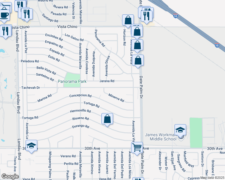 map of restaurants, bars, coffee shops, grocery stores, and more near 68770 Minerva Road in Cathedral City