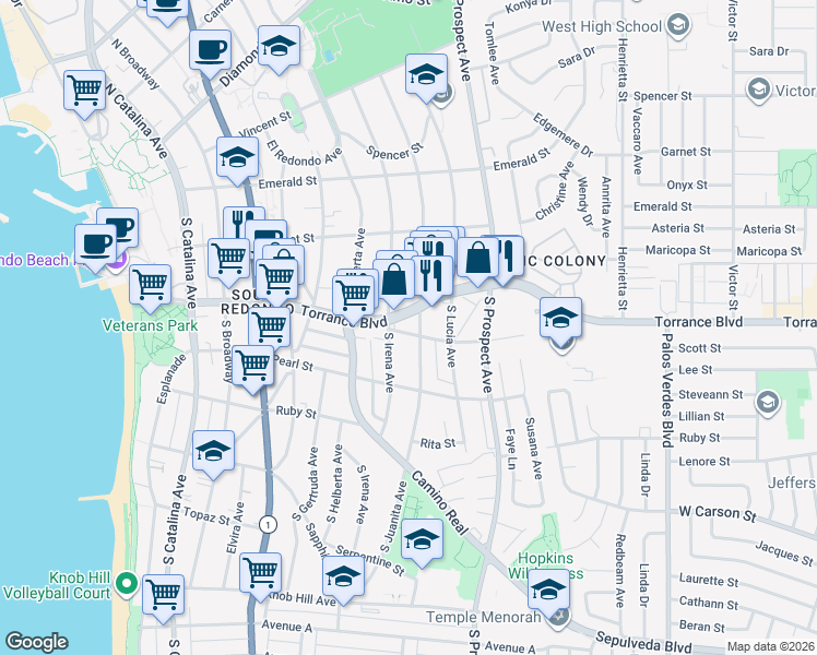 map of restaurants, bars, coffee shops, grocery stores, and more near 717 Opal Street in Redondo Beach
