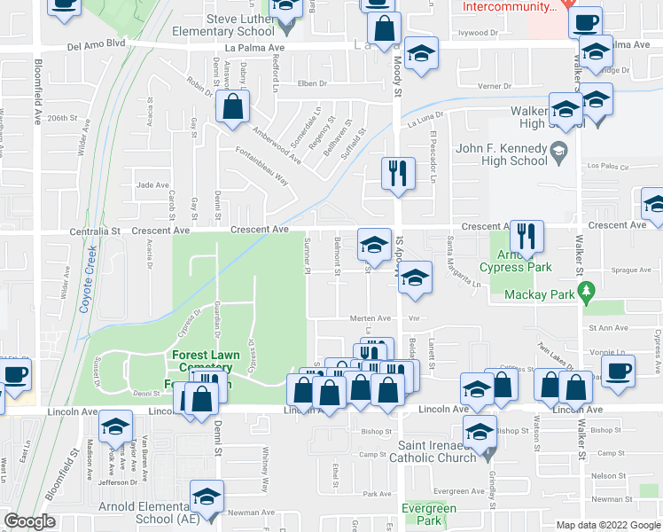 map of restaurants, bars, coffee shops, grocery stores, and more near 8601 Belmont Street in Cypress