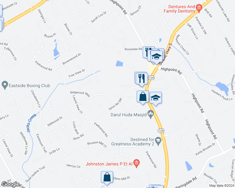 map of restaurants, bars, coffee shops, grocery stores, and more near 2620 Sims Crest Court in Snellville