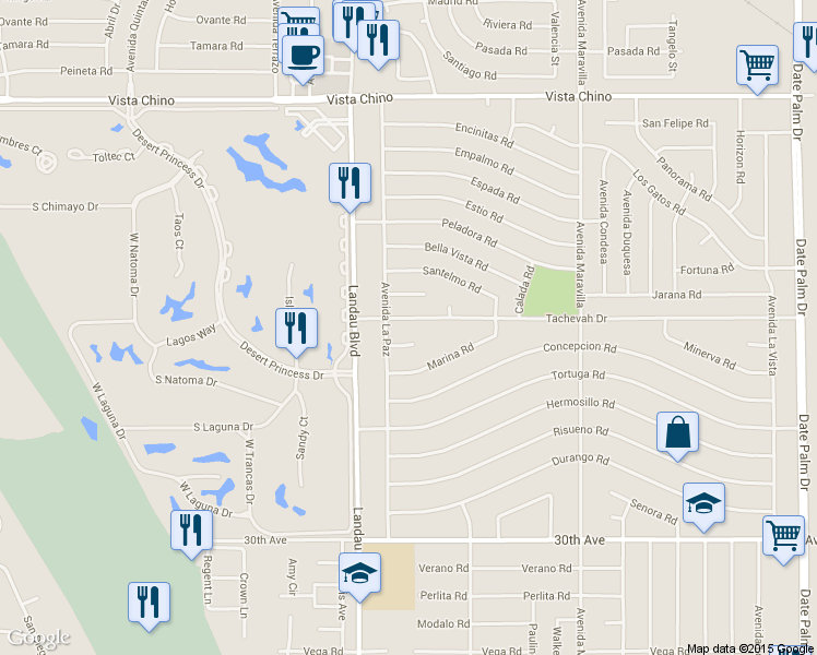 map of restaurants, bars, coffee shops, grocery stores, and more near 68135 Tachevah Drive in Cathedral City