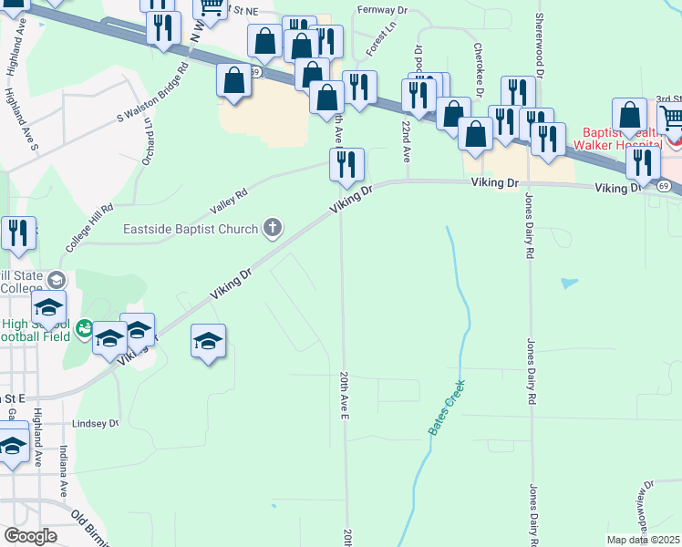 map of restaurants, bars, coffee shops, grocery stores, and more near 1201 20th Avenue East in Jasper