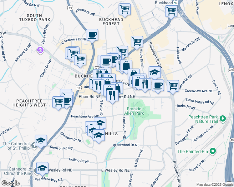 map of restaurants, bars, coffee shops, grocery stores, and more near 360 Pharr Road Northeast in Atlanta