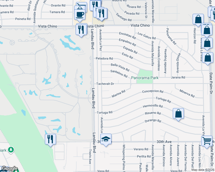 map of restaurants, bars, coffee shops, grocery stores, and more near 68135 Tachevah Drive in Cathedral City