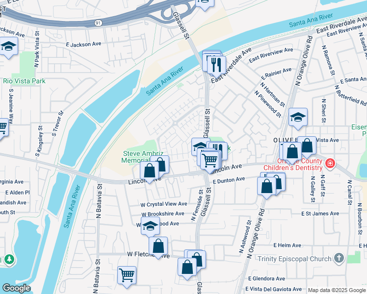 map of restaurants, bars, coffee shops, grocery stores, and more near 447 West Linden Drive in Orange