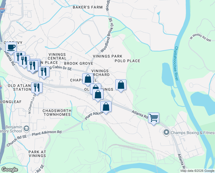 map of restaurants, bars, coffee shops, grocery stores, and more near 2365 Rosebrook Crossing Southeast in Smyrna