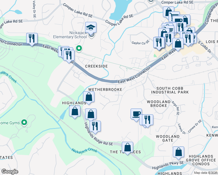 map of restaurants, bars, coffee shops, grocery stores, and more near 107 Wetherbrooke Lane Southeast in Smyrna