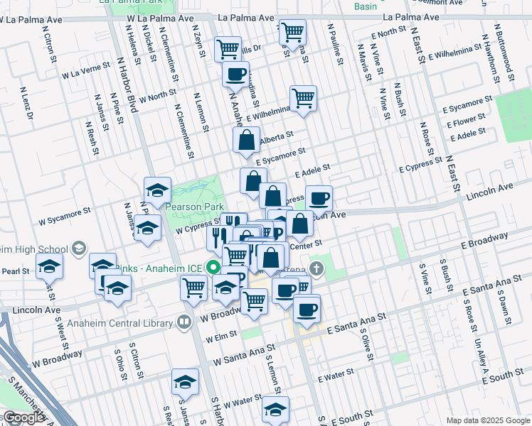 map of restaurants, bars, coffee shops, grocery stores, and more near 252 North Anaheim Boulevard in Anaheim