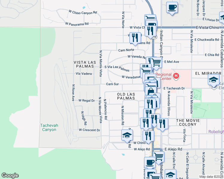 map of restaurants, bars, coffee shops, grocery stores, and more near 535 West Vía Lola in Palm Springs
