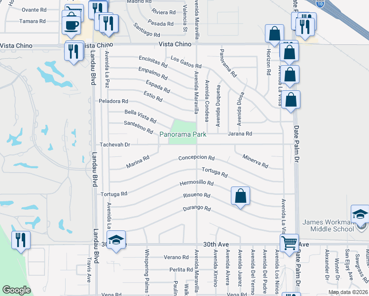 map of restaurants, bars, coffee shops, grocery stores, and more near 68440 Concepcion Road in Cathedral City