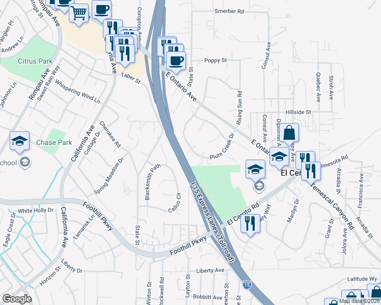 map of restaurants, bars, coffee shops, grocery stores, and more near 7279 Piute Creek Drive in Corona