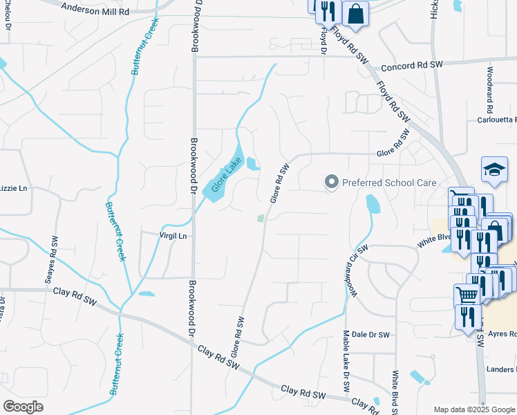 map of restaurants, bars, coffee shops, grocery stores, and more near 1211 Heritage Lakes Drive Southwest in Mableton