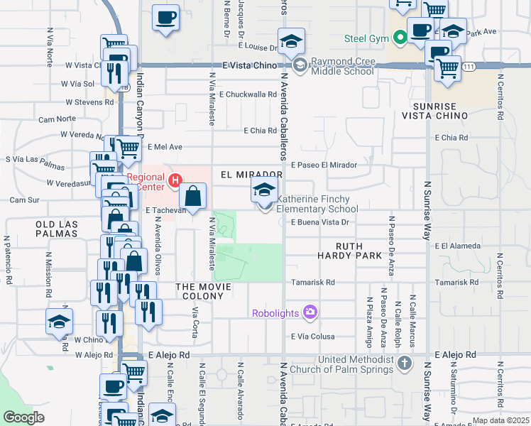 map of restaurants, bars, coffee shops, grocery stores, and more near 777 East Tachevah Drive in Palm Springs