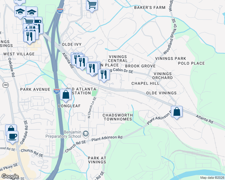 map of restaurants, bars, coffee shops, grocery stores, and more near 319 Atlanta Road in Smyrna