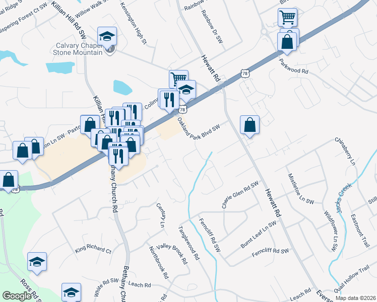 map of restaurants, bars, coffee shops, grocery stores, and more near 3658 Oakland Spring Court in Snellville
