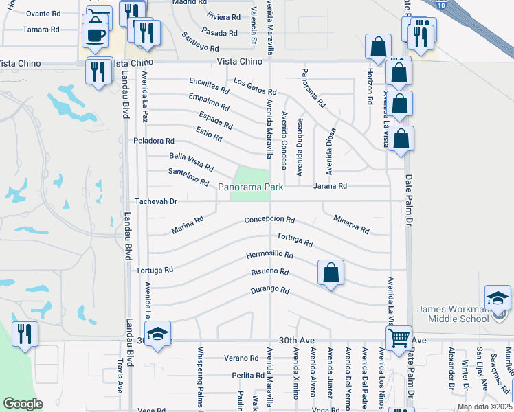 map of restaurants, bars, coffee shops, grocery stores, and more near 68435 Tachevah Drive in Cathedral City