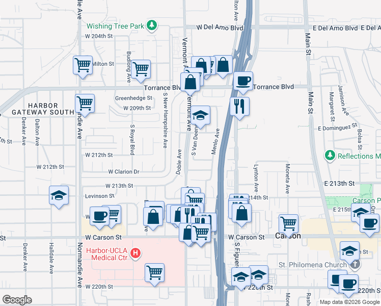 map of restaurants, bars, coffee shops, grocery stores, and more near 21133 South Van Deene Avenue in Torrance