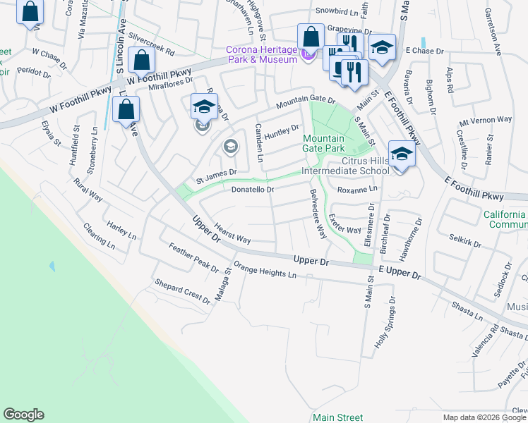 map of restaurants, bars, coffee shops, grocery stores, and more near 664 Rembrandt Circle in Corona