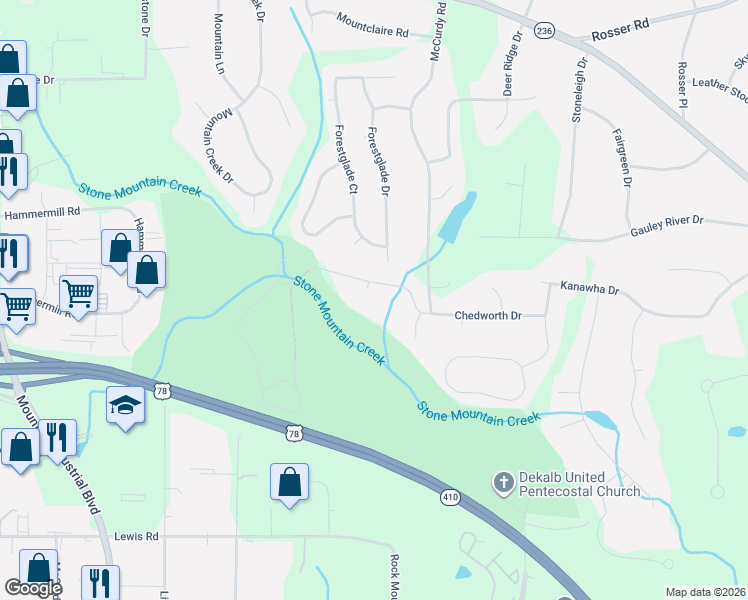 map of restaurants, bars, coffee shops, grocery stores, and more near 1883 Chedworth Cove in Stone Mountain