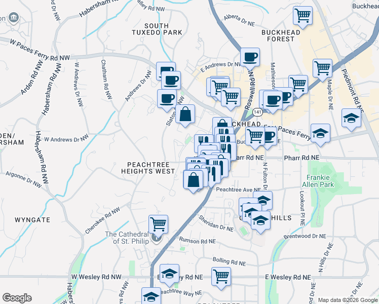 map of restaurants, bars, coffee shops, grocery stores, and more near 55 Pharr Road Northwest in Atlanta