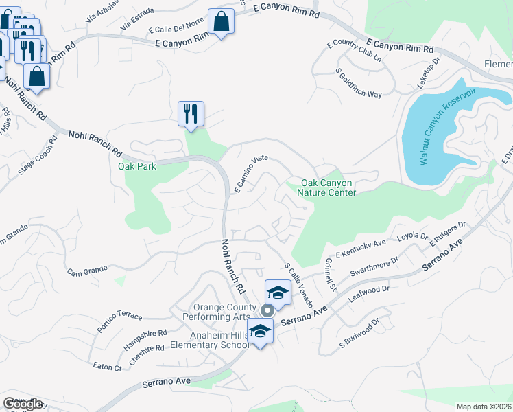 map of restaurants, bars, coffee shops, grocery stores, and more near 701 Carriage Circle in Anaheim