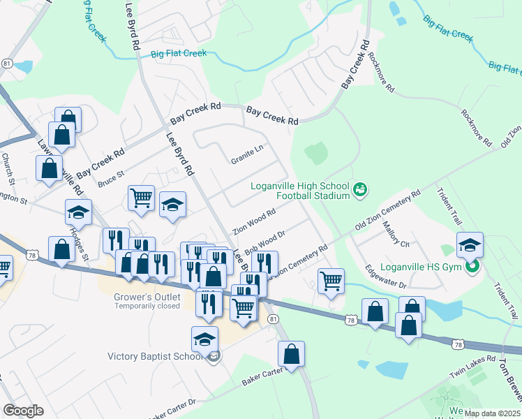map of restaurants, bars, coffee shops, grocery stores, and more near 152 Zion Wood Road in Loganville