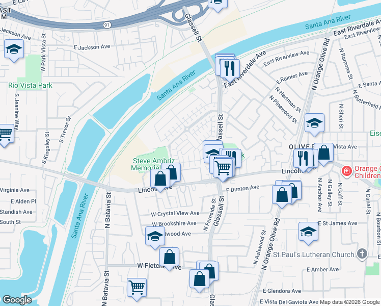 map of restaurants, bars, coffee shops, grocery stores, and more near 447 West Linden Drive in Orange
