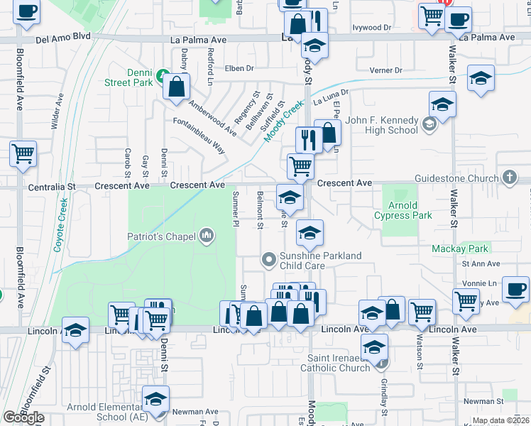 map of restaurants, bars, coffee shops, grocery stores, and more near 8606 Belmont Street in Cypress