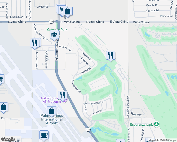 map of restaurants, bars, coffee shops, grocery stores, and more near 4208 Indigo Street in Palm Springs