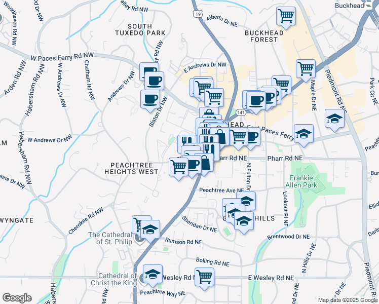 map of restaurants, bars, coffee shops, grocery stores, and more near 3002 Peachtree Road in Atlanta