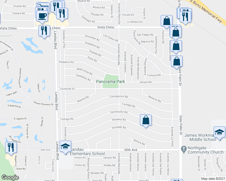map of restaurants, bars, coffee shops, grocery stores, and more near 68435 Tachevah Drive in Cathedral City