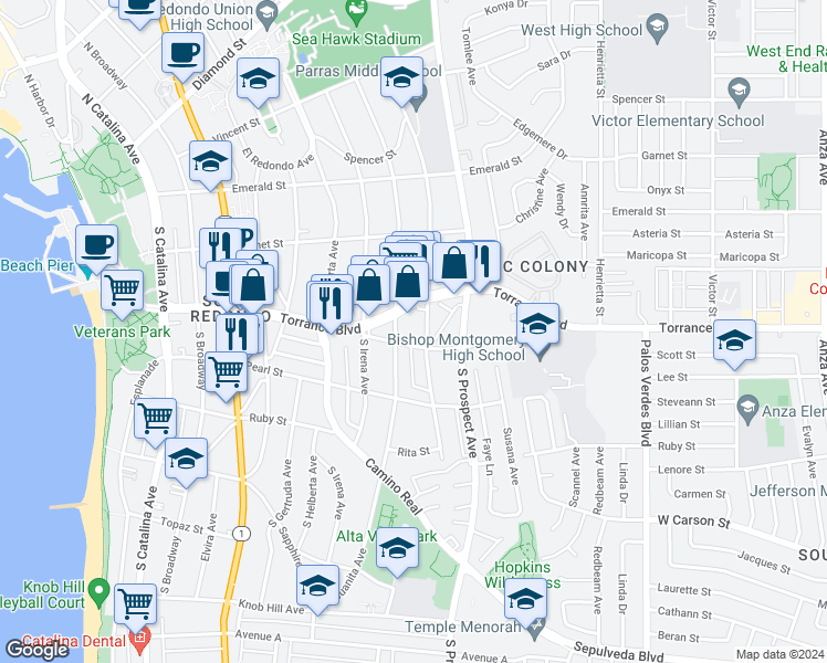 map of restaurants, bars, coffee shops, grocery stores, and more near 800 Torrance Boulevard in Redondo Beach