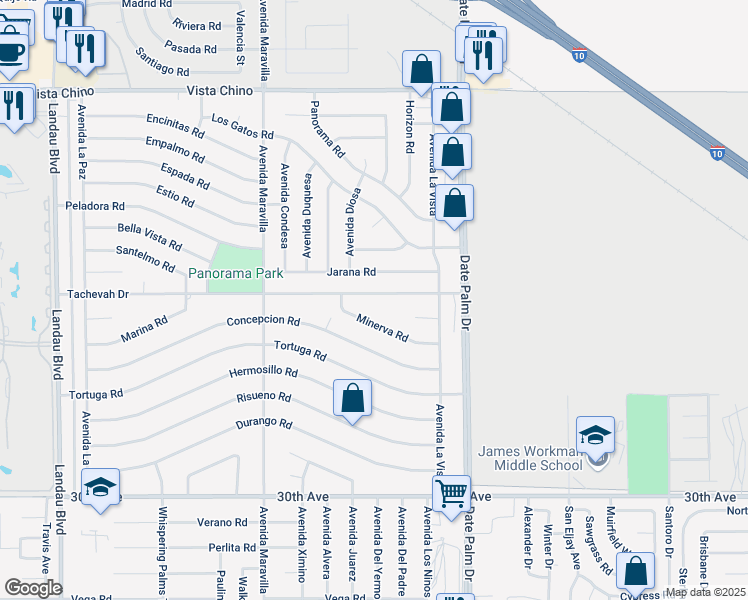 map of restaurants, bars, coffee shops, grocery stores, and more near 68840 Minerva Road in Cathedral City