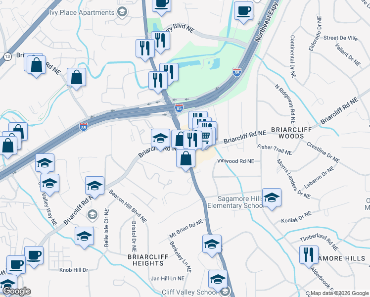 map of restaurants, bars, coffee shops, grocery stores, and more near Clairmont Rd & Briarcliff Rd NE in North Druid Hills