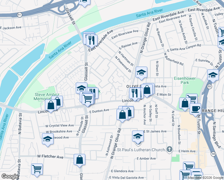 map of restaurants, bars, coffee shops, grocery stores, and more near 2932 North Cottonwood Street in Orange